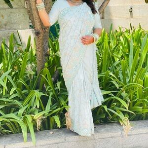 Mint Blue Saree with pre-stitched blouse size 44